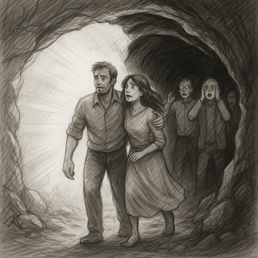 Surreal cave scene with a figure stepping from darkness into light, surrounded by mist and stone textures—an image of emergence and transformation.