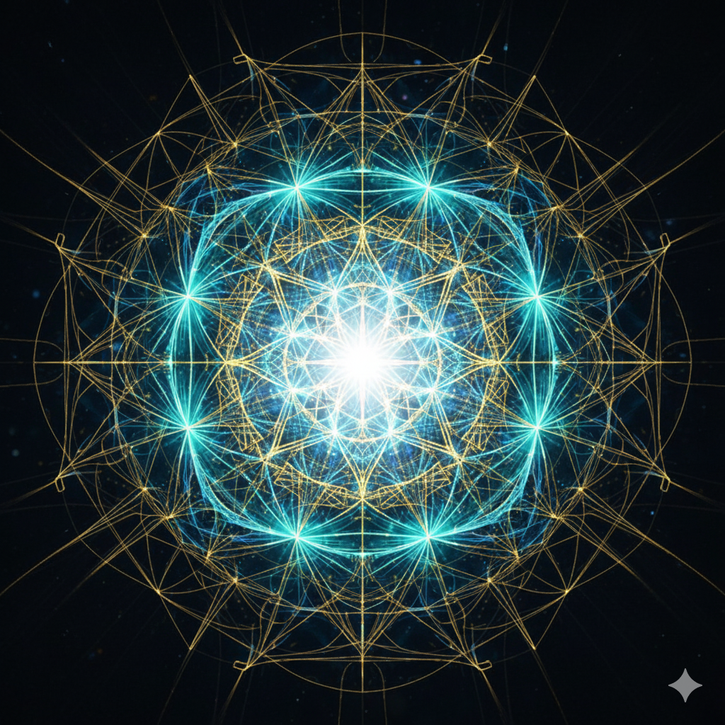 A luminous geometric pattern with interconnected gold and blue lines radiating from a central bright white point, resembling an abstract digital or scientific visualization.