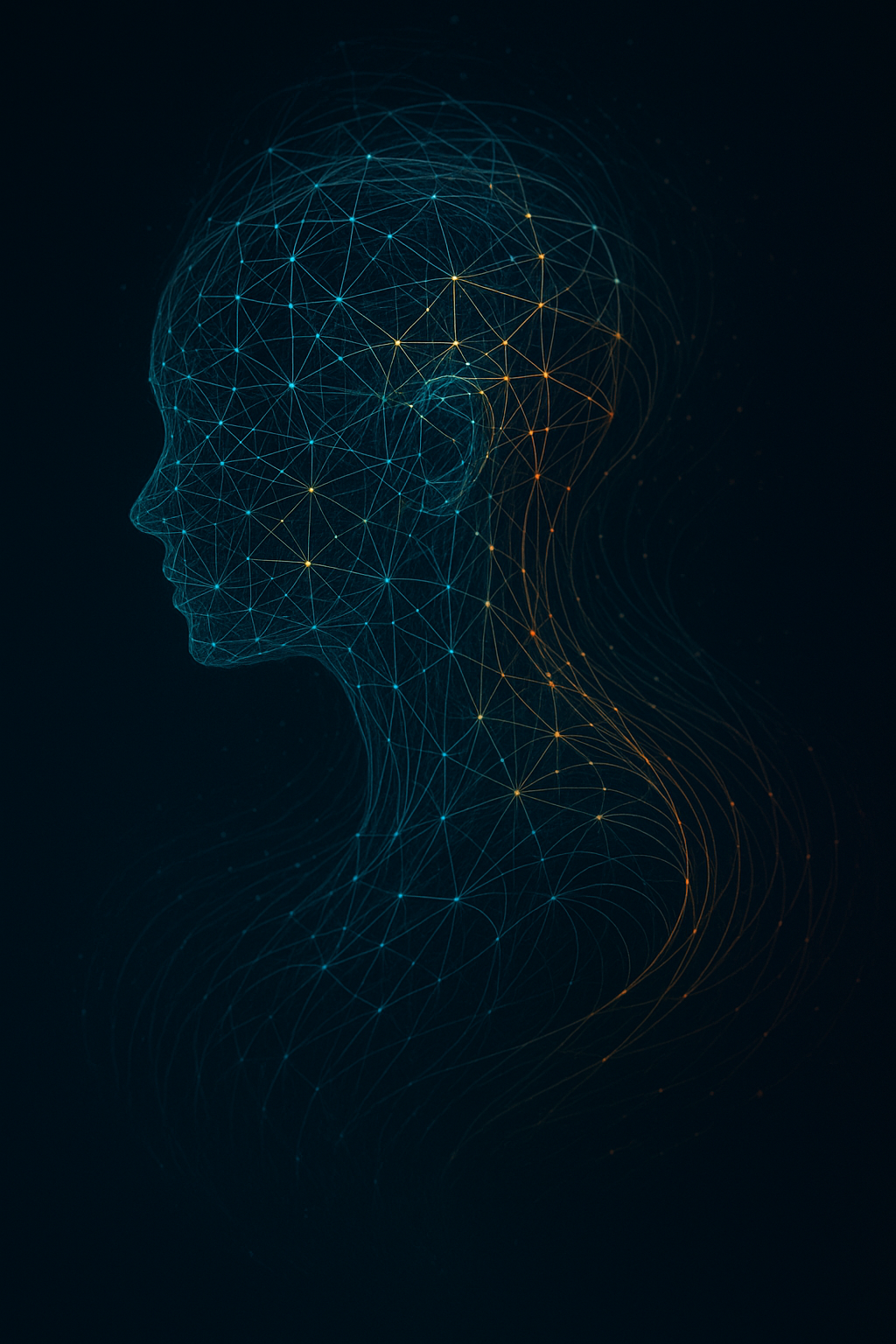 Digital illustration of a human head outline made of interconnected glowing blue and orange lines and dots, representing a neural network or data connectivity.