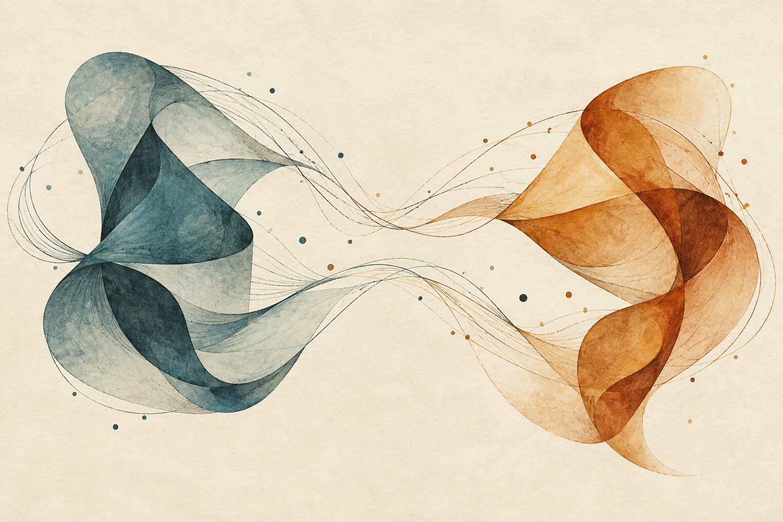 Two translucent folded forms, teal and amber, connected by fine sweeping lines across a textured ivory background.