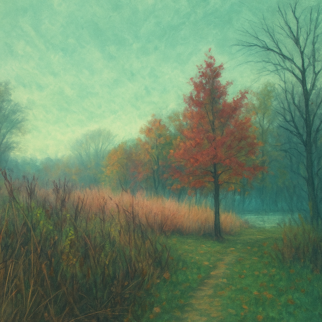 A painting of a park with autumn trees, a grassy path, a body of water, and leafless trees in the background on a foggy day.
