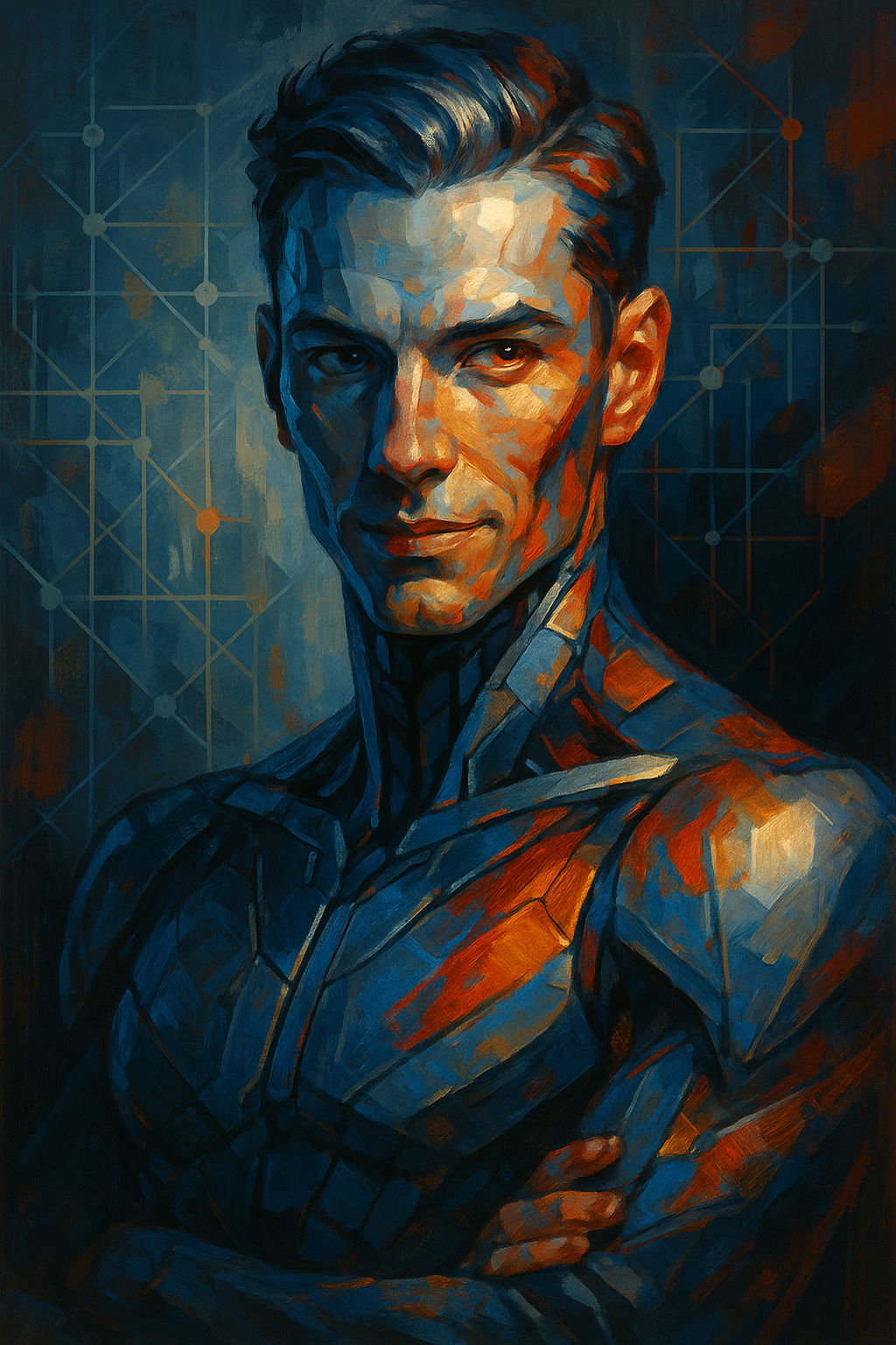 An oil painting of a man dressed as a futuristic superhero with a sleek, armor-like suit, set against a dark background with interconnected glowing nodes and lines.