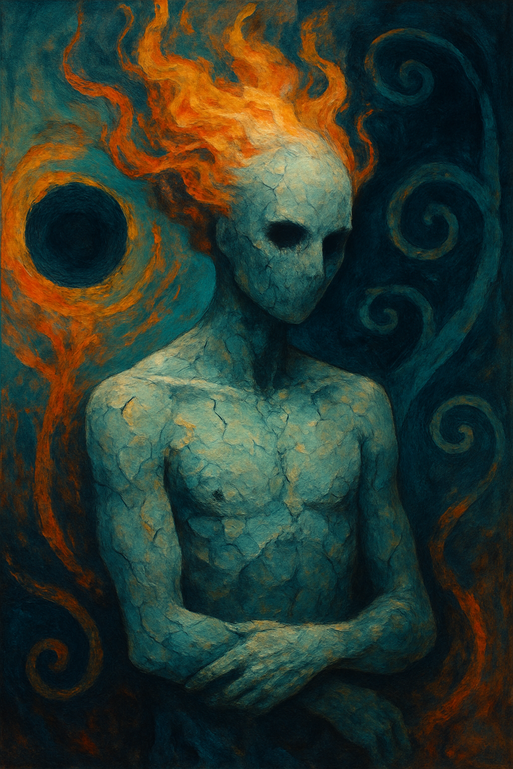 A surreal painting of a humanoid figure with a cracked, stone-like face and body, glowing orange hair, and dark eye sockets, set against a dark, swirling background with abstract orange and teal patterns.