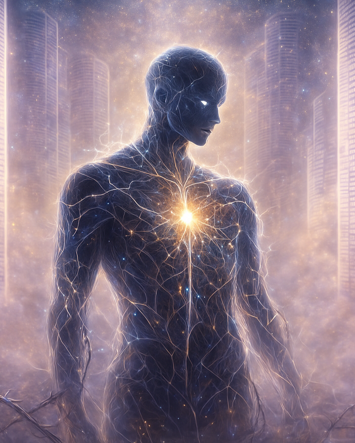 A humanoid figure with human features, appearing as a glowing, electric silhouette with glowing lines and a bright central core, set against a futuristic cityscape background with tall skyscrapers and a starry sky.