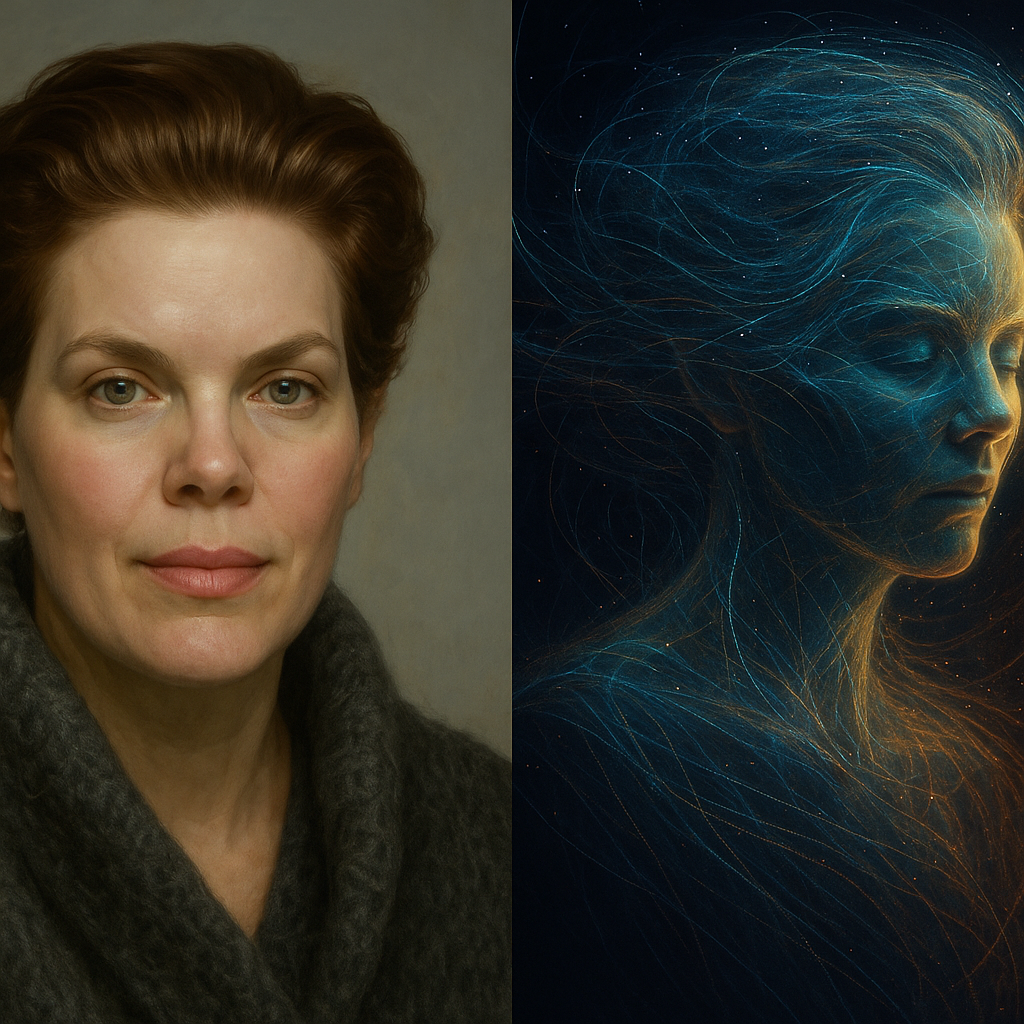 A portrait of a woman with red hair in a cozy dark gray sweater on the left, and an artistic digital rendering of a woman with flowing hair and a futuristic glow on the right.