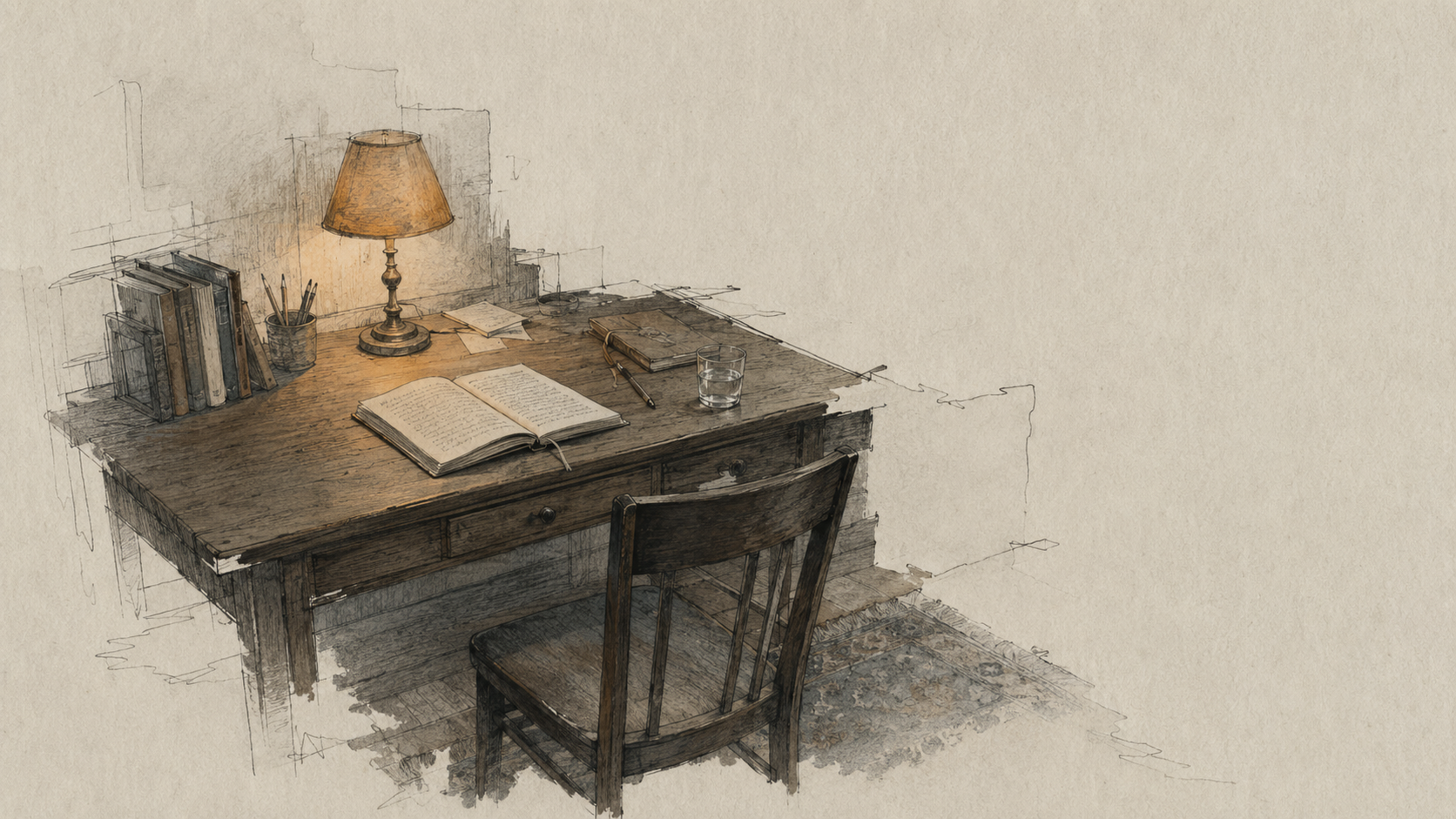 An intricately rendered wooden desk, empty chair, open notebook, books, papers, lamp, and water glass emerge from muted ink and watercolor. The surrounding walls and room terminate in unfinished lines.