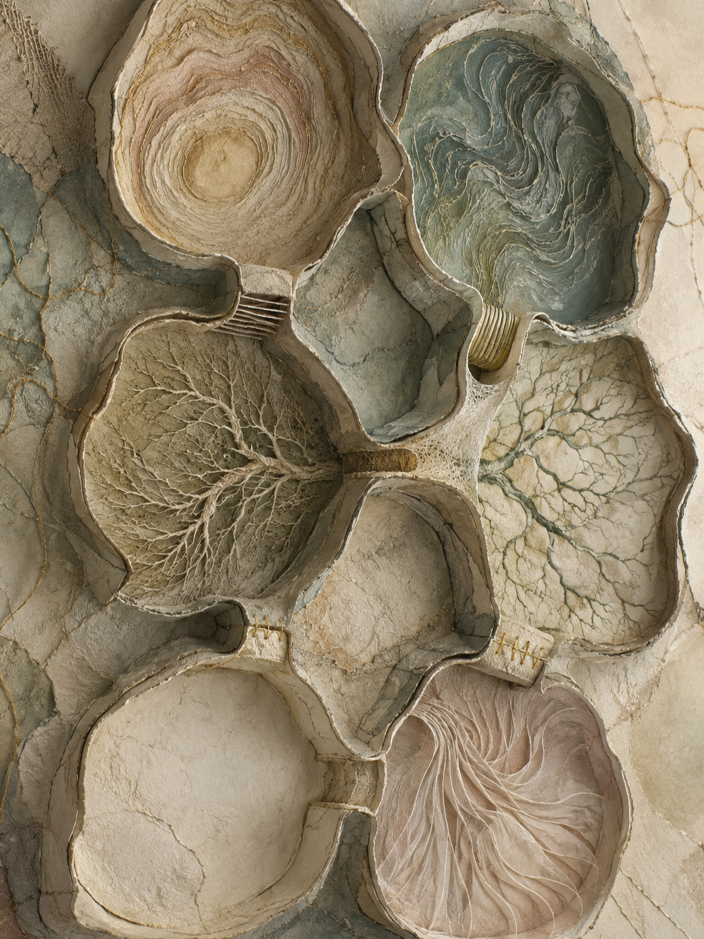 An abstract relief of eight connected chambers formed from layered parchment, pale stone, and stitched mineral seams. Distinct patterns fill the spaces