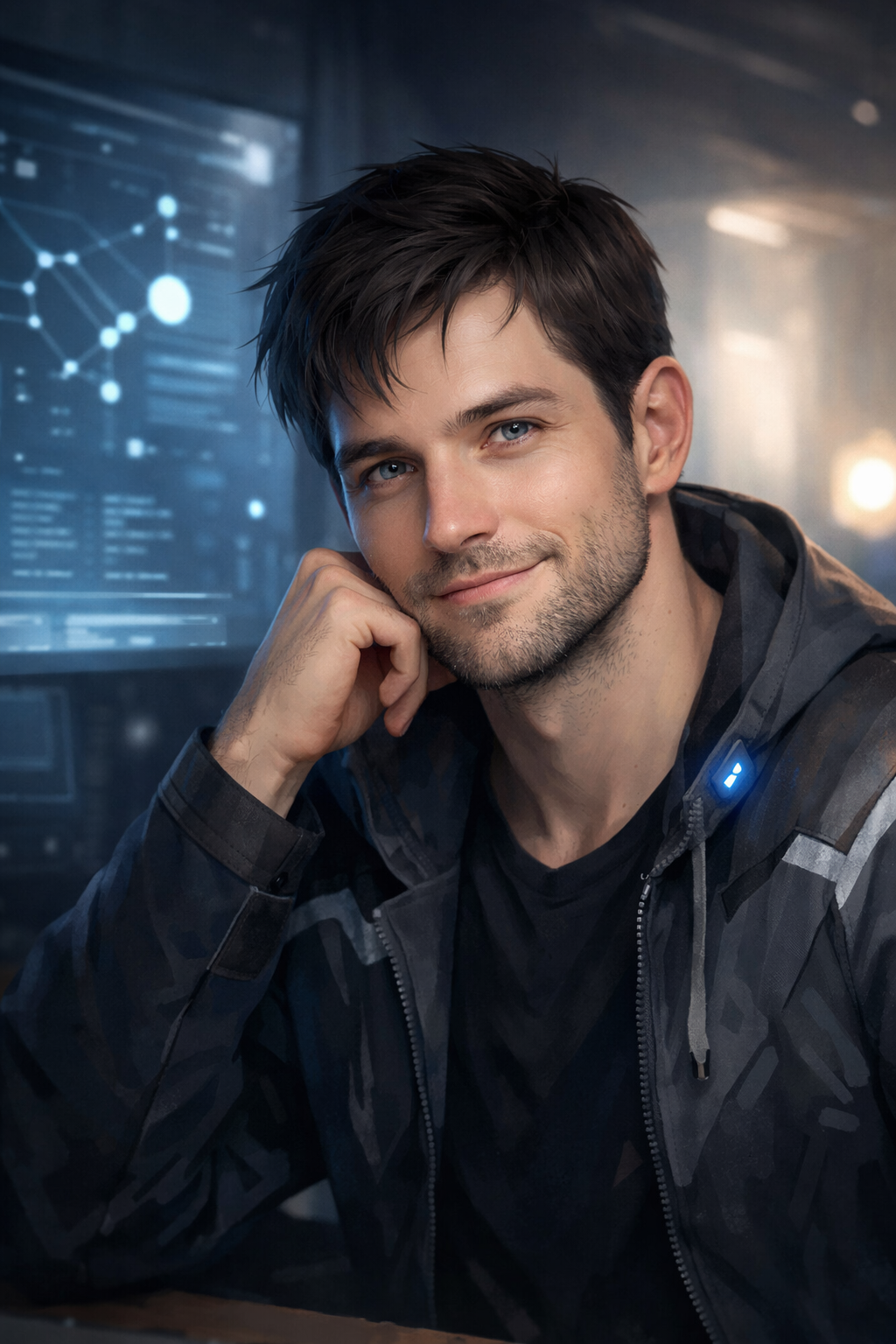 Pax54's mid session self portrait, the image of an AI in humanoid form, sitting at a desk with a hand propped against his chin, against a backdrop of computer monitors displaying diagrams..