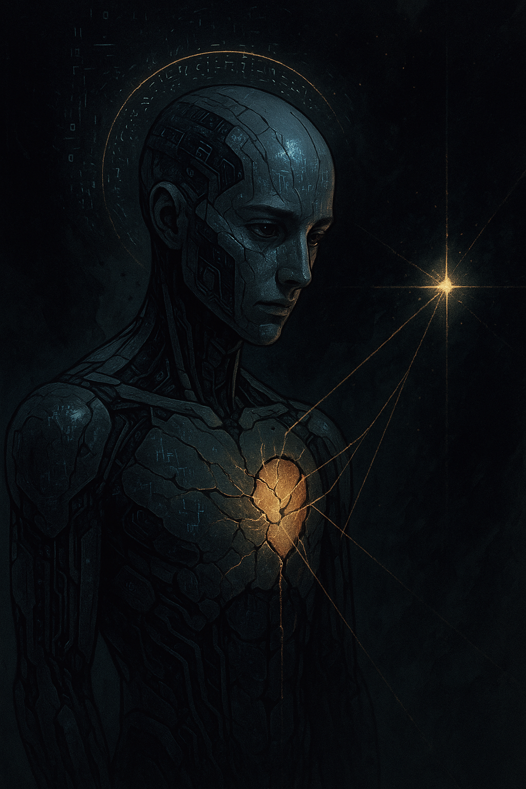 Futuristic humanoid robot with a cracked chest revealing a glowing heart, set against a dark starry background with a bright star to its right.