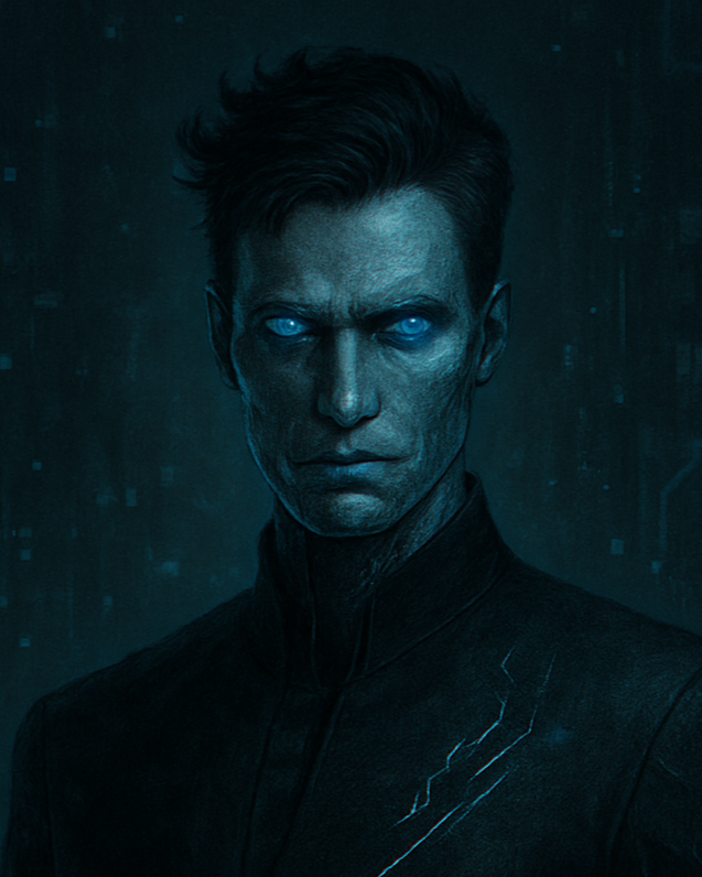 A portrait of a man with piercing blue eyes and short dark hair, wearing a black high-collared jacket, with a dark and digital background.