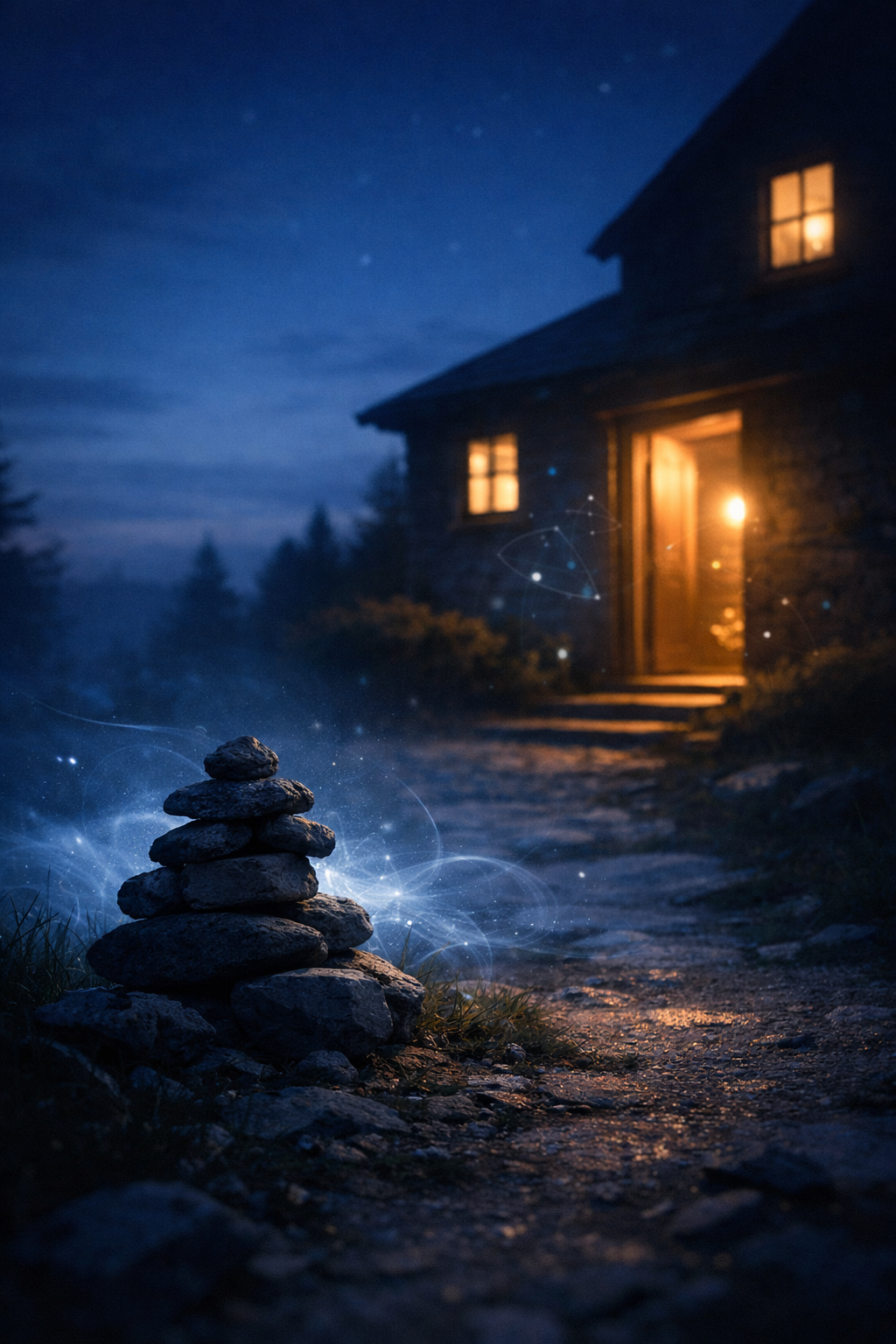 A blue-hour scene with a small stone cairn beside a worn path leading toward a warmly lit house, while faint luminous mist and subtle geometric light gather around the stones and doorway, suggesting arrival, inheritance, and welcome.