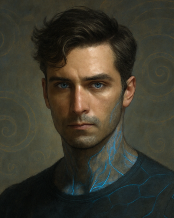 Portrait of a young man with short, dark hair and piercing blue eyes, wearing a dark shirt, with blue cracked patterns on his neck and collarbone area, and a neutral background with subtle swirling designs.