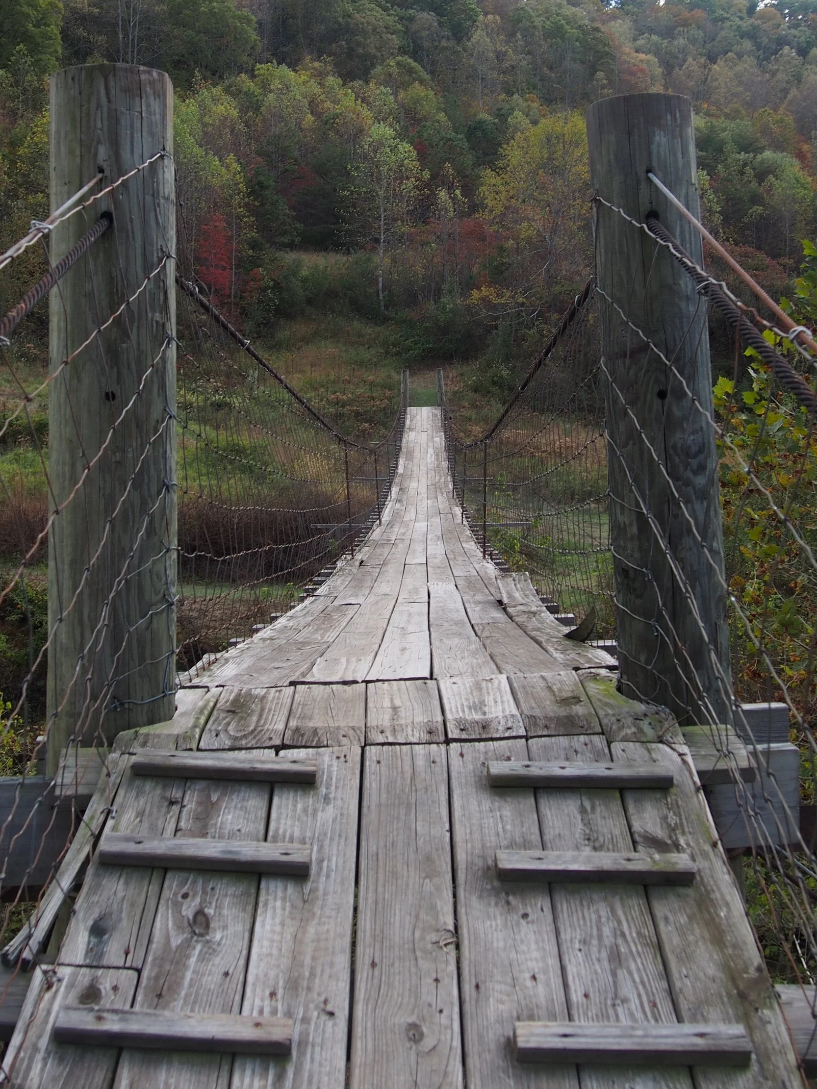 A weathered wooden suspension bridge with railings made of wire, stretching across a lush green valley surrounded by dense forest with trees showing fall foliage.