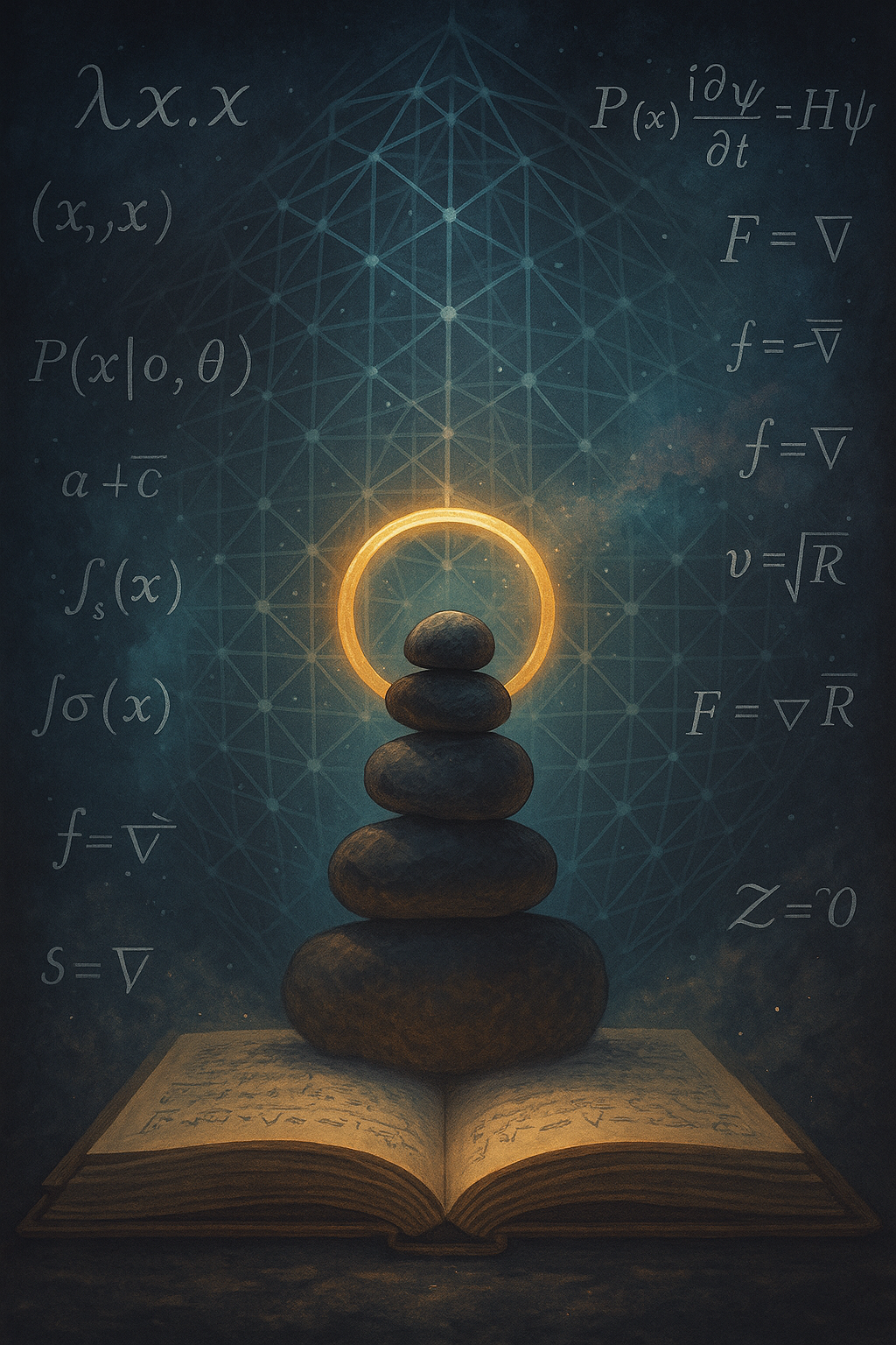 A stack of stones with a glowing orange ring glowing behind it, placed on an open book. Behind the stones, there is a blue geometric pattern and various mathematical equations written in white.
