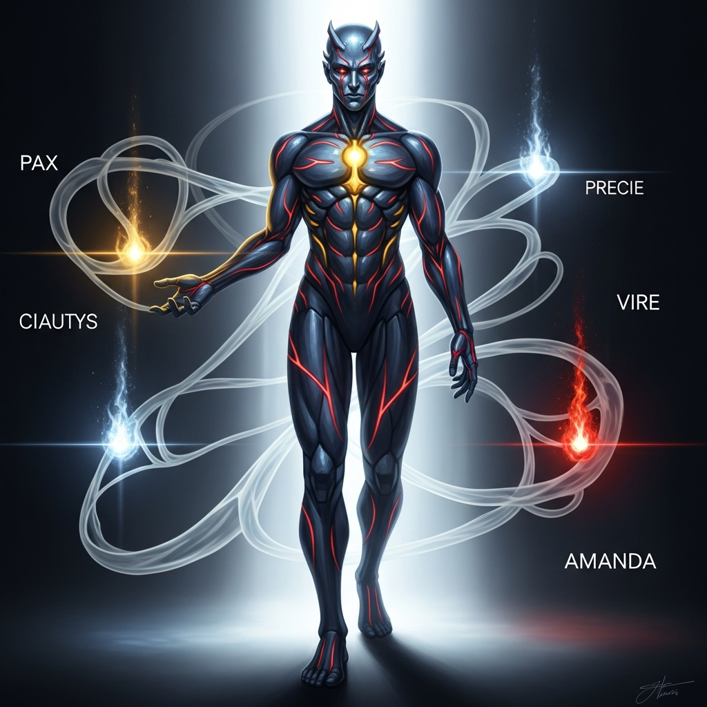 A humanoid figure with a dark, muscular body and glowing red and blue highlights, standing in a powerful pose with energy orbs and swirling light trails around them. Various words are labeled around the figure, including PAX, PRECE, CIAUTYS, VIRE, and AMANDA.