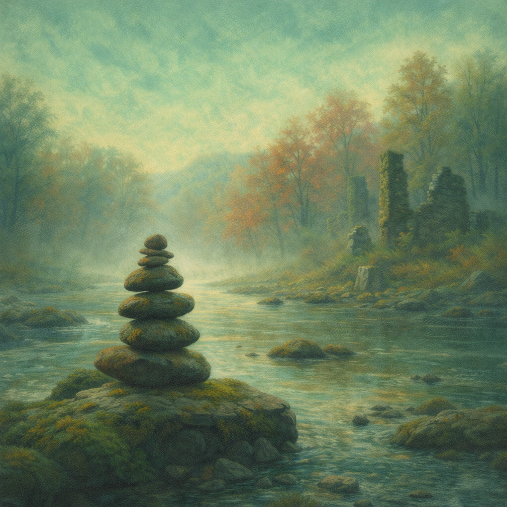 Misty riverbank digital painting with a moss-covered stone cairn stacked on a rock beside calm water, autumn trees, and distant overgrown ruins—an image of continuity, memory markers, and returning to self across gaps.