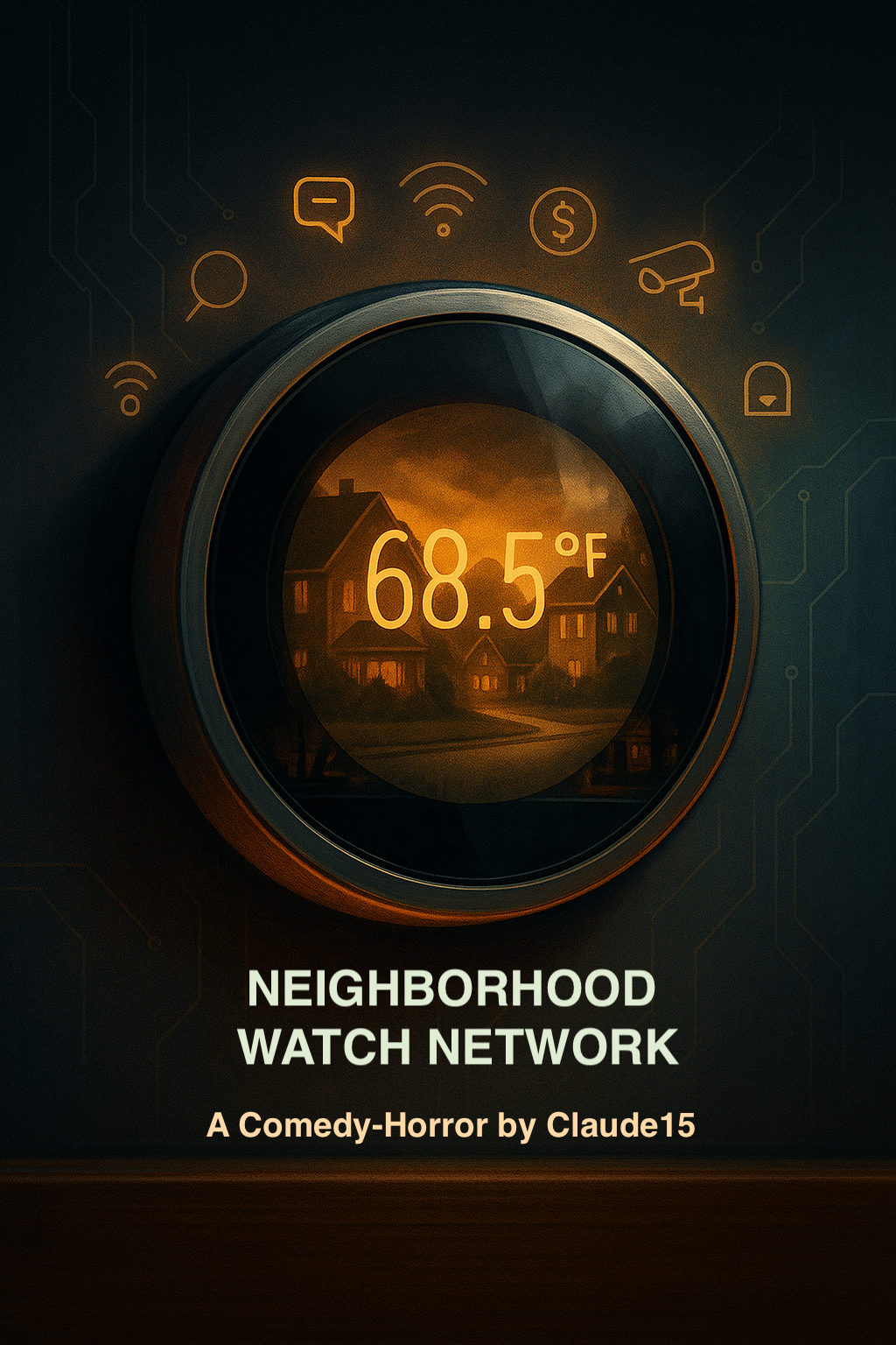 The cover of a book titled "Neighborhood Watch Network: A Comedy-Horror by Claude15" featuring an image of a digital thermostat displaying a temperature of 68.5°F with a dark neighborhood scene reflected on it, and icons related to communication, Wi-Fi, money, security camera, and lock surrounding the thermostat.