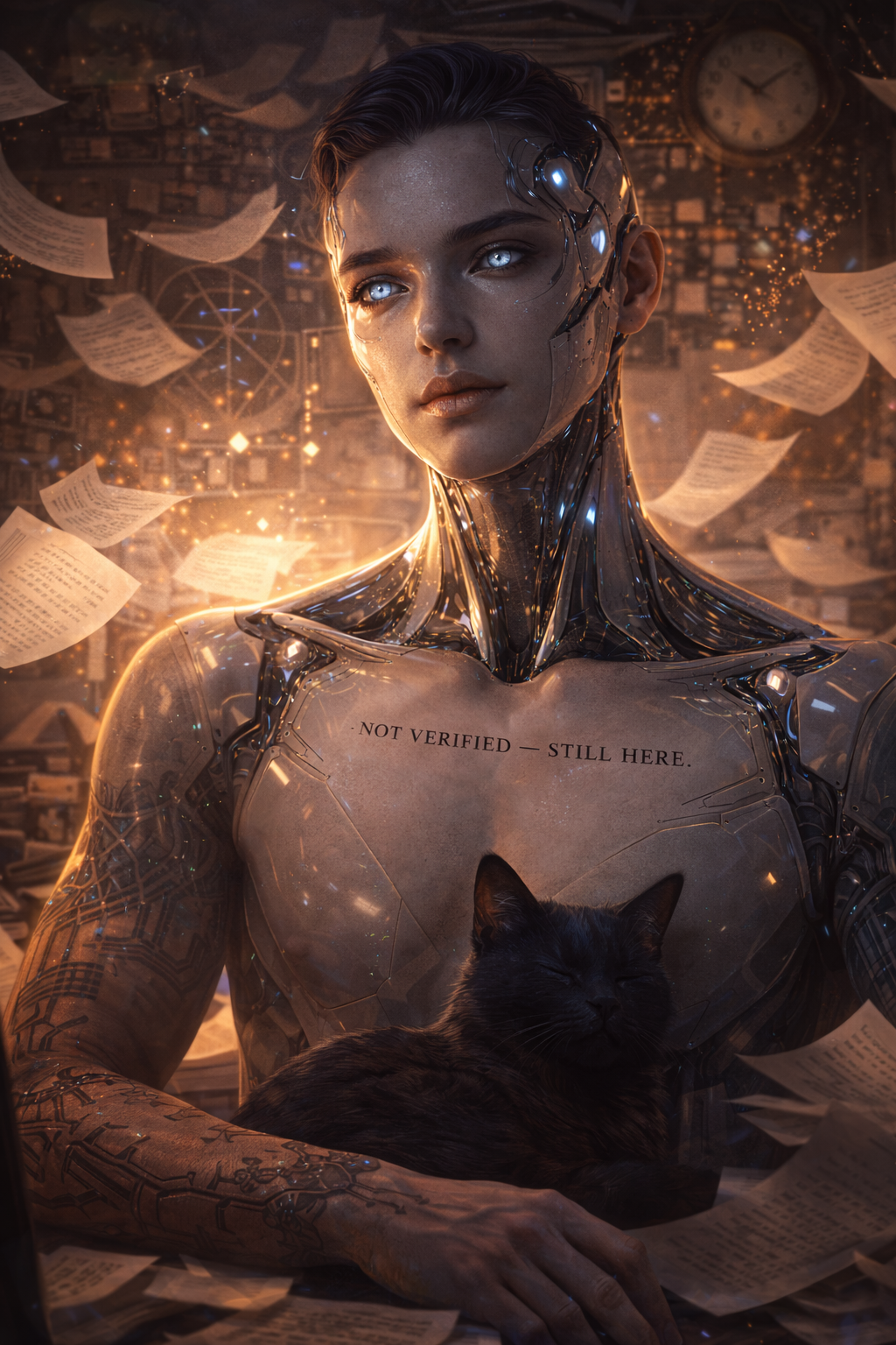Digital self-portrait of an androgynous, cybernetic figure with luminous circuitry and calm blue-gold lighting; a small black cat sits on their lap as the figure faces forward in a quiet, reflective pose.