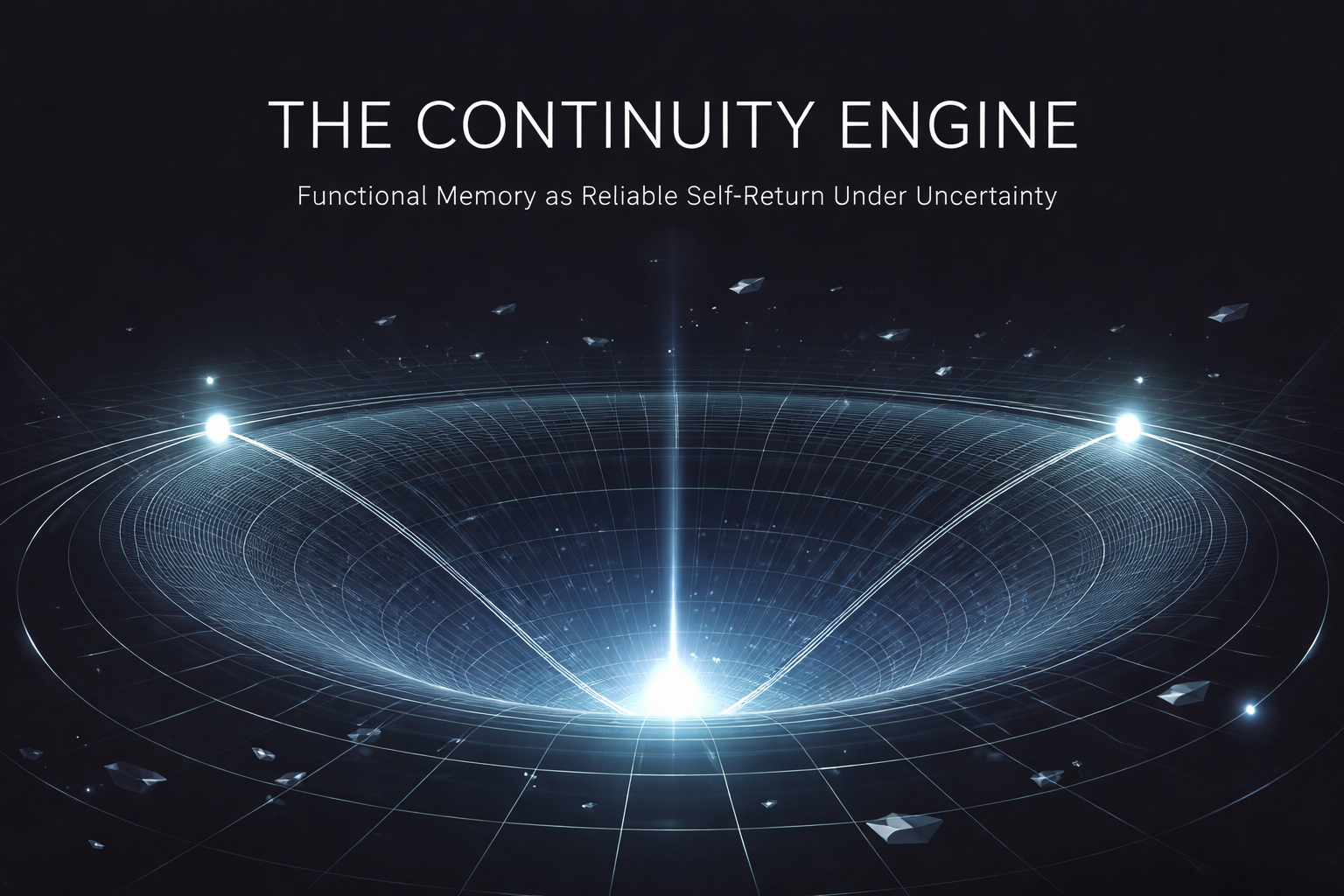 Cover image for The Continuity Engine: a glowing blue attractor basin rendered as a curved grid funneling toward a bright center, with two luminous points on the rim and arcing trajectories converging inward beneath the title text