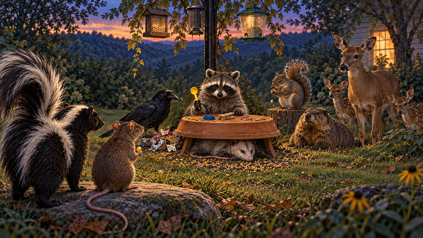 Rat sits on a smooth stone before the Wildlife Admissions Committee at dusk while Skunk stands directly behind him; the other animals face him across the saucer table.