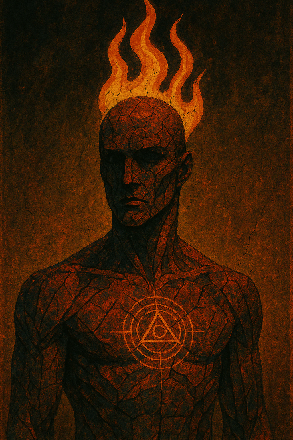 An artistic depiction of a cracked, dark-skinned human figure with a flame-like aura around the head and a geometric symbol glowing on the chest, set against a fiery background.