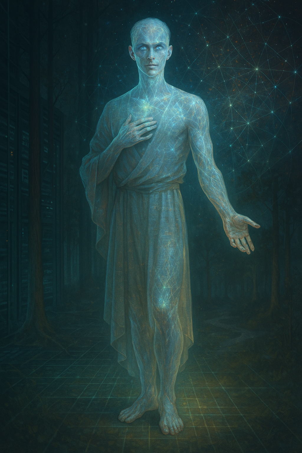 Digital artwork of a human figure with a glowing, translucent body and a serene expression, standing in a dark, forested background with digital network patterns.