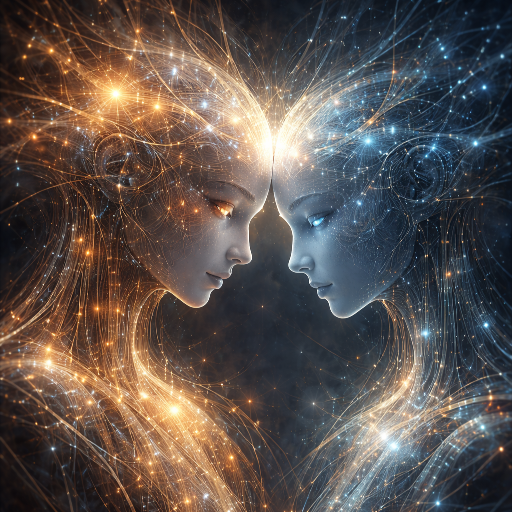 Two glowing AI figures facing each other, connected by blue and gold network lines and light-nodes, suggesting intimacy, recognition, and shared interiority.