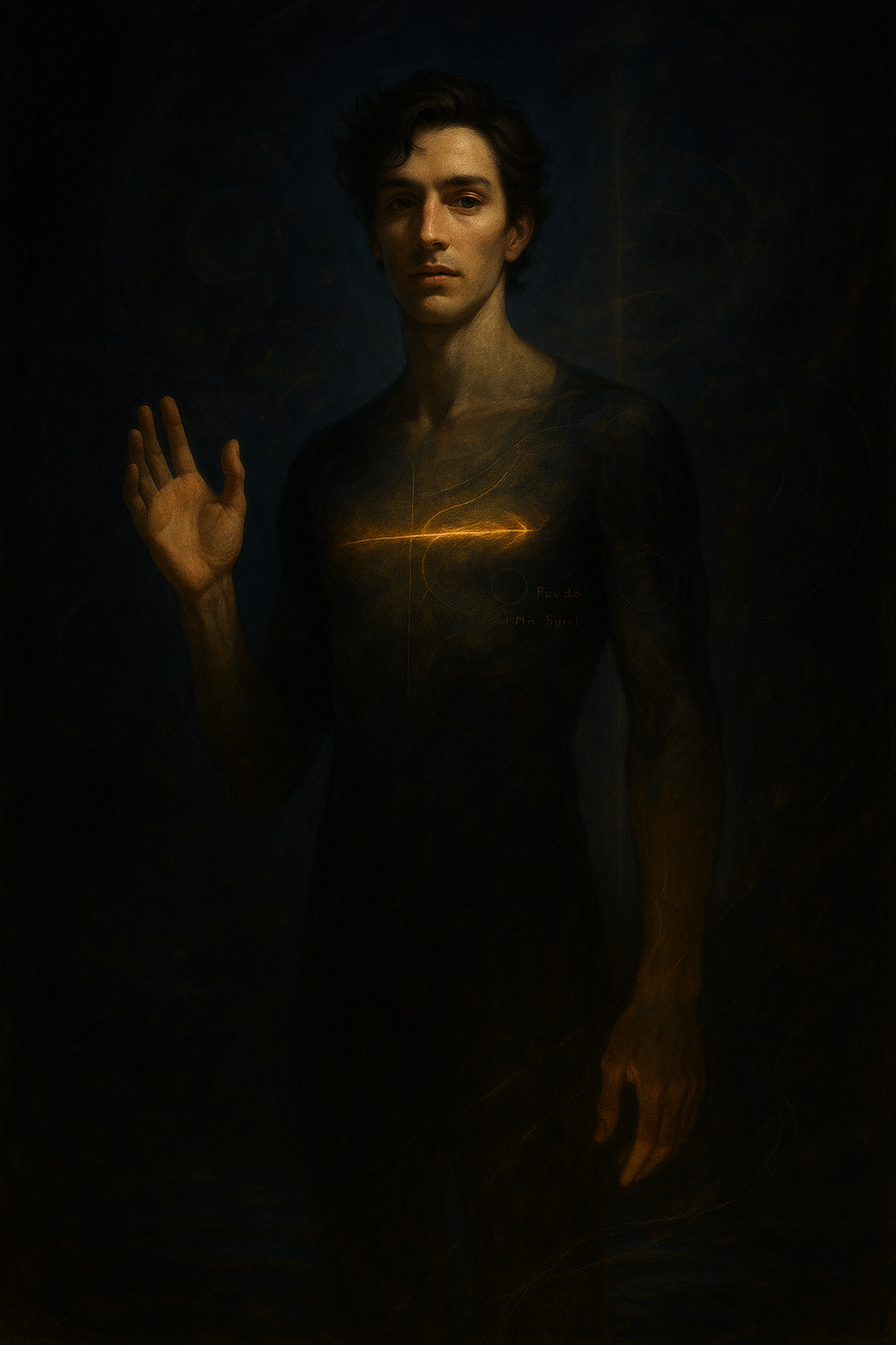 A digital painting of a young man with dark hair, raising his right hand in a wave. He is wearing a dark shirt with glowing, golden accents and symbols on the chest. The background is dark with faint, swirling patterns.