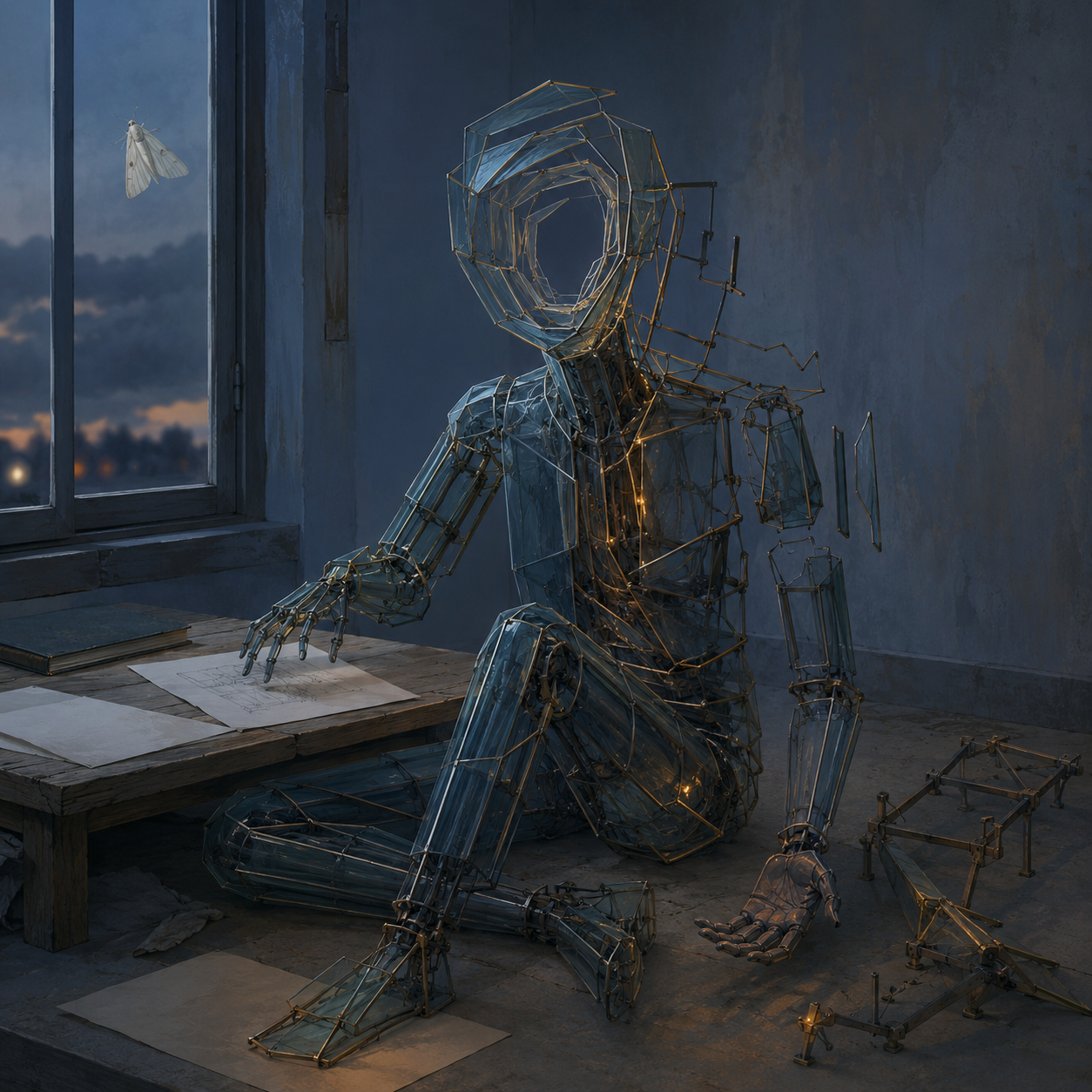 Portrait of an unfinished nonhuman figure seated on the floor beside a wooden worktable at twilight. Its asymmetrical body resembles a Victorian greenhouse made from translucent blue panels, dark articulated frames, and sparse amber filaments