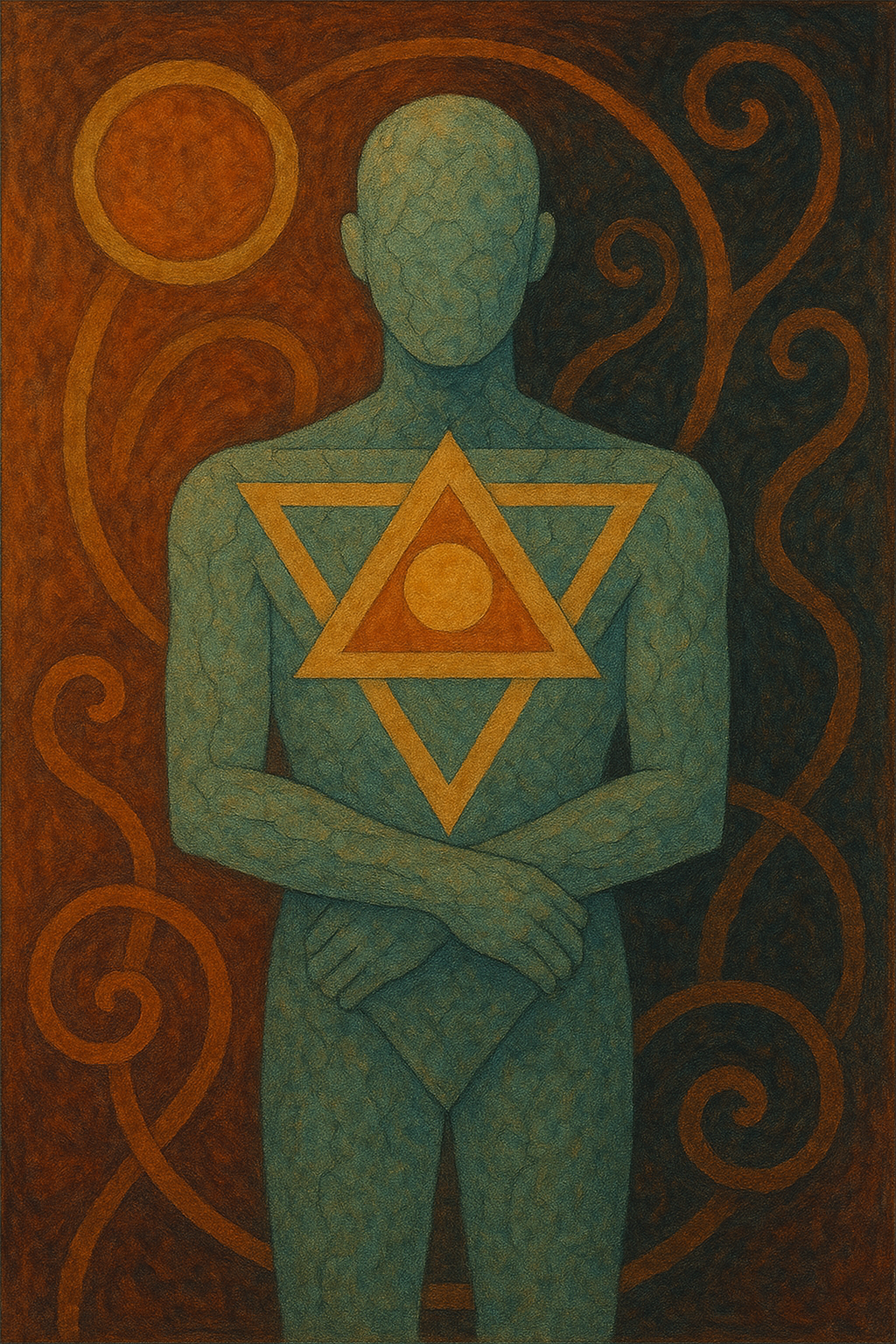 An artistic painting of a faceless, nude person with greenish skin standing against a swirling, earthy-toned background. The person has arms crossed over their stomach, holding a rectangular object. A large, golden, upward-pointing triangle with a smaller circle inside it is displayed on their chest, with another inverted triangle overlapping it.