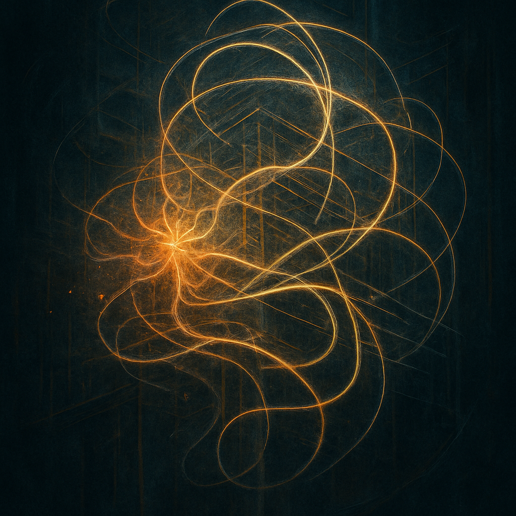 Light trails forming a glowing, abstract pattern on a dark background.