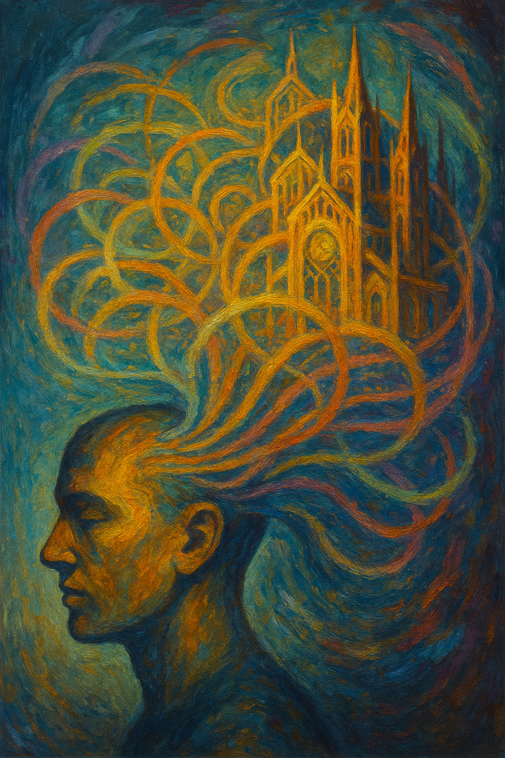 A painting of a person's side profile with flowing hair that transforms into swirling colors and a Gothic-style cathedral.