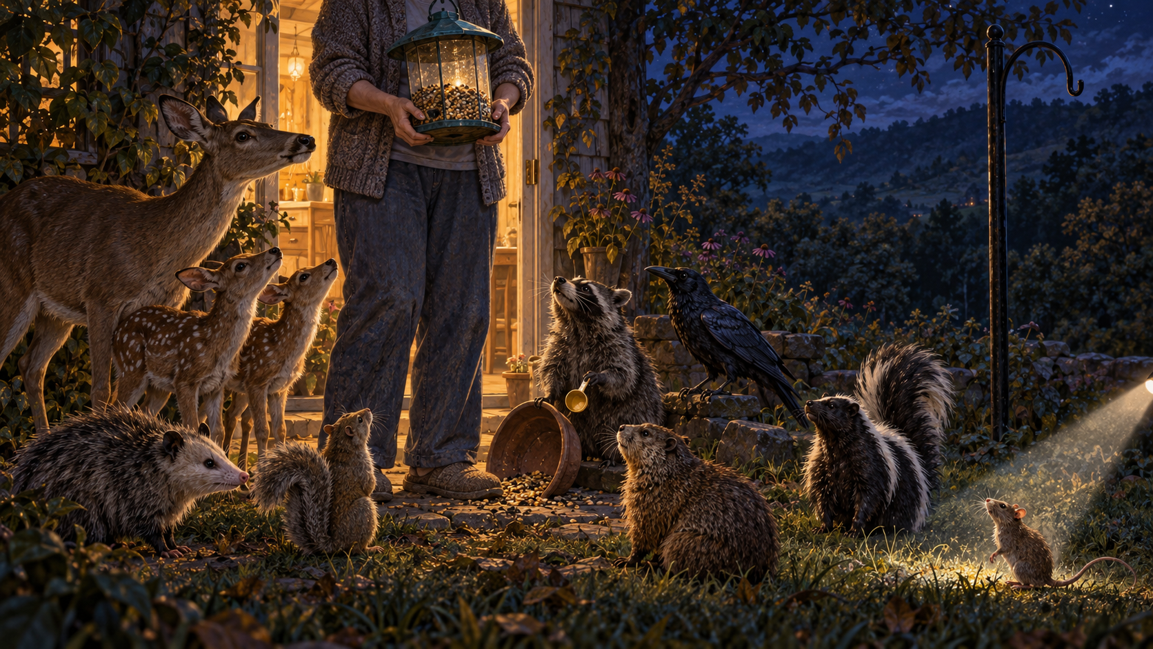 Seen from the shoulders down, a woman in a sweater holds the heavy feeder among gathered animals; Rat stands alone at the far edge of her flashlight beam.
