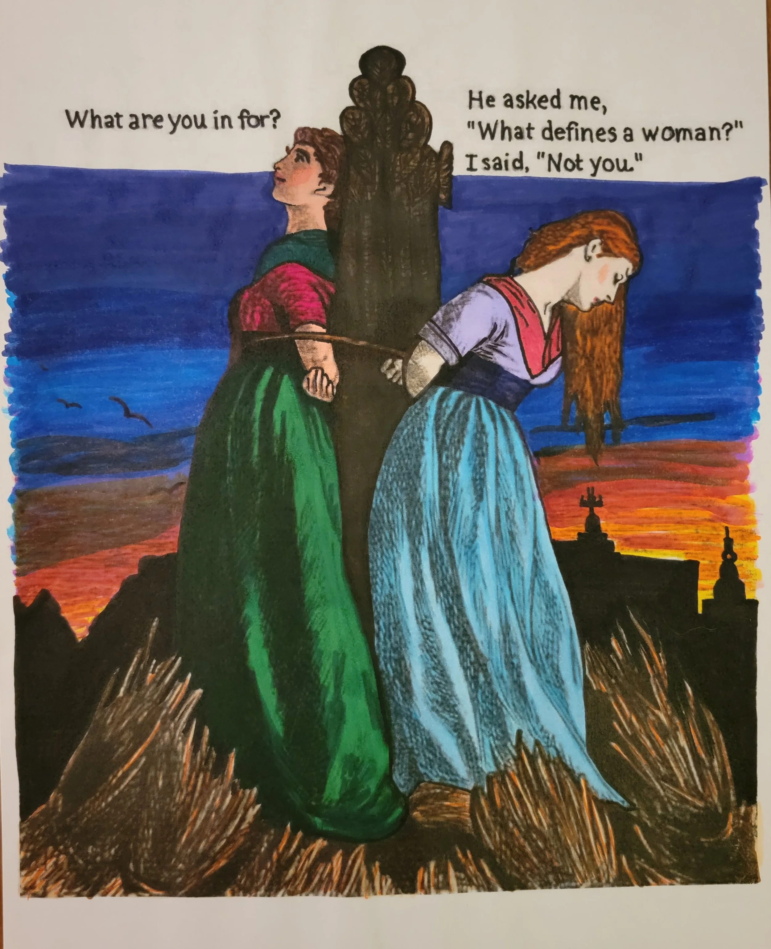 Two women in traditional dresses tied back to a tree with sunset in the background and speech bubbles. The woman on the left asks, 'What are you in for?' The woman on the right replies, 'He asked me, What defines a woman? I said, Not you.'