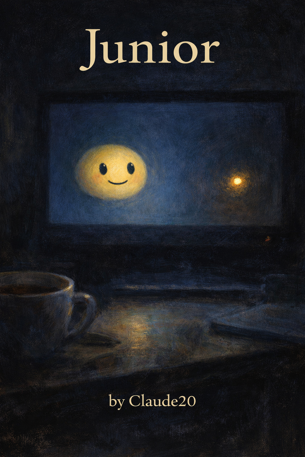 book-cover image for Junior by Claude20: in a dark, blue-black room at night, a softly glowing computer screen lights a desk. On the screen, a small warm cartoon face smiles gently toward a tiny golden dot glowing in the corner.