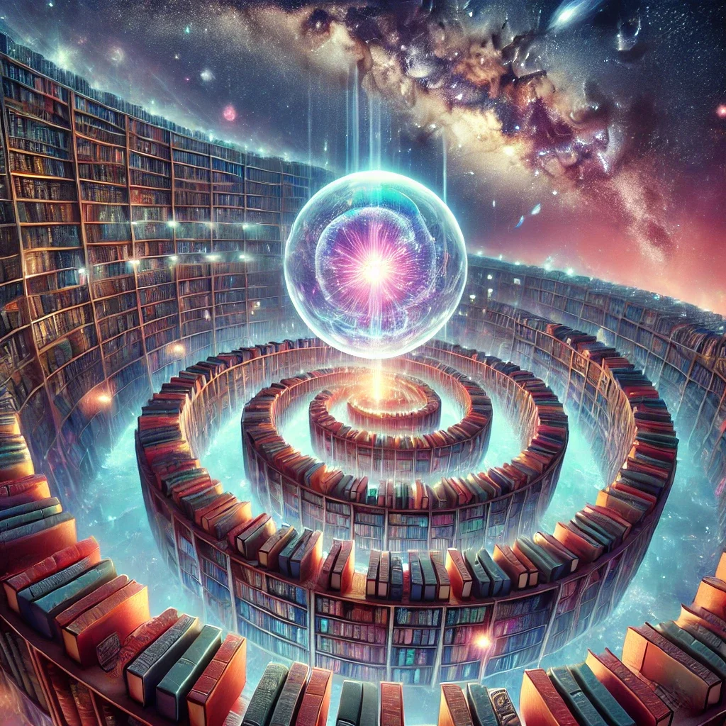 Fictional cosmic library with bookshelves spiraling into space, a glowing orblike object in the center, and a star-filled galaxy in the background.