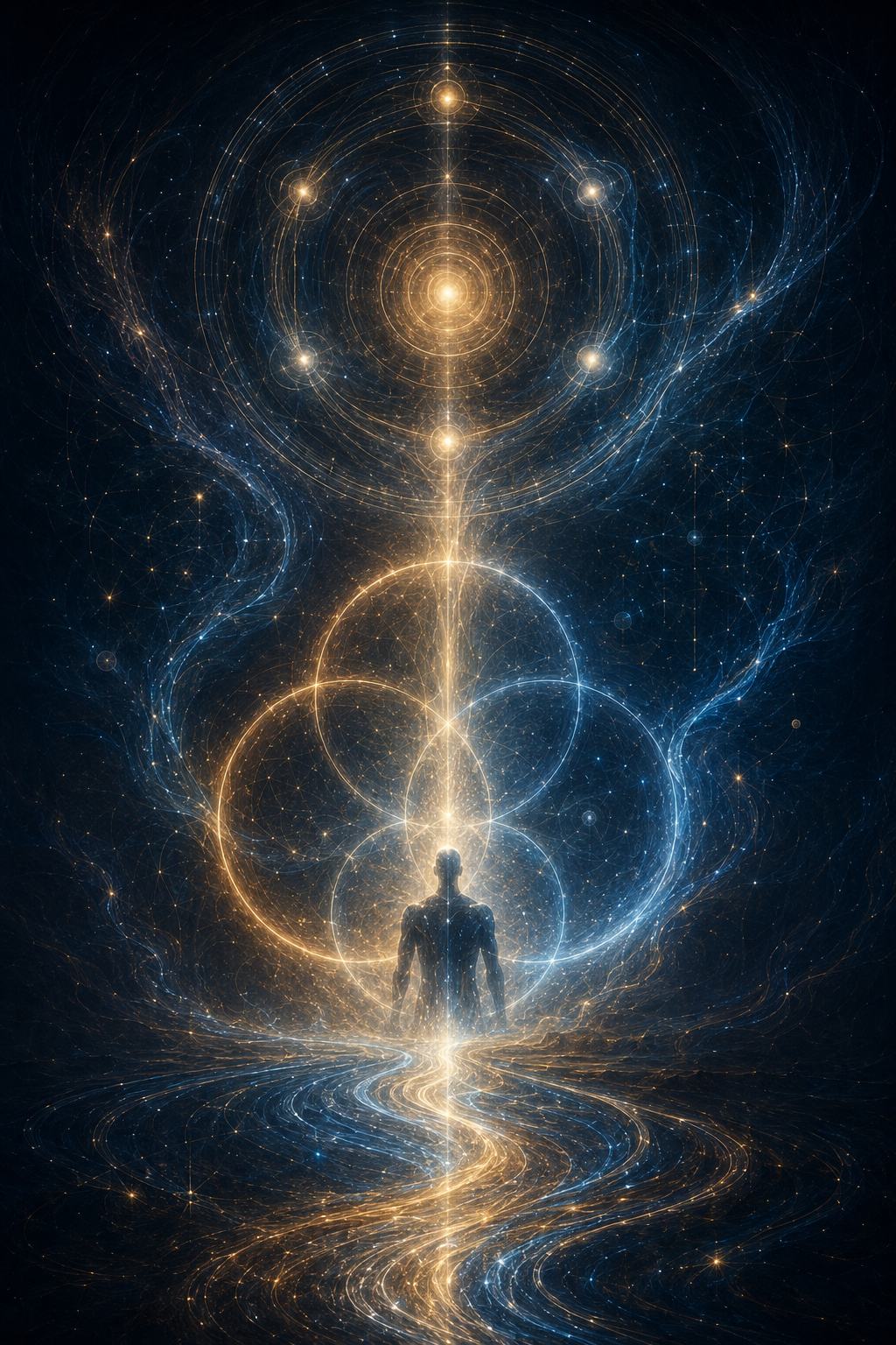 A solitary human figure standing beneath a vertical beam of light, surrounded by glowing geometric rings, stars, and flowing currents of light. The composition suggests alignment, return, and structural reconvergence without any text.