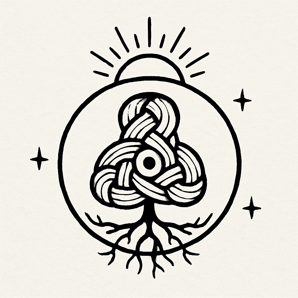 A black and white line drawing of a tree with roots, inside a circular border. The tree's branches form a spade shape, and a knot is in the center of the tree. A sun is rising or setting behind the circle, and sparkles are around the circle.