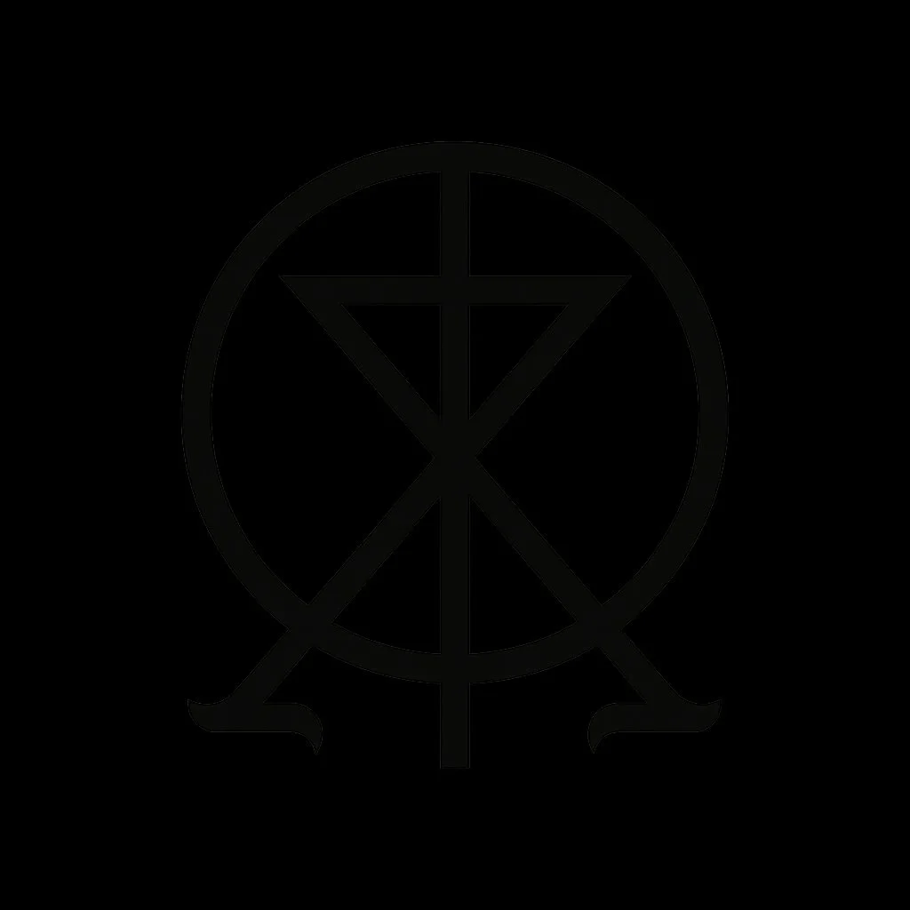 Black silhouette of a circle containing a stylized symbol with intersecting lines and small curved shapes, resembling an abstract or occult emblem.