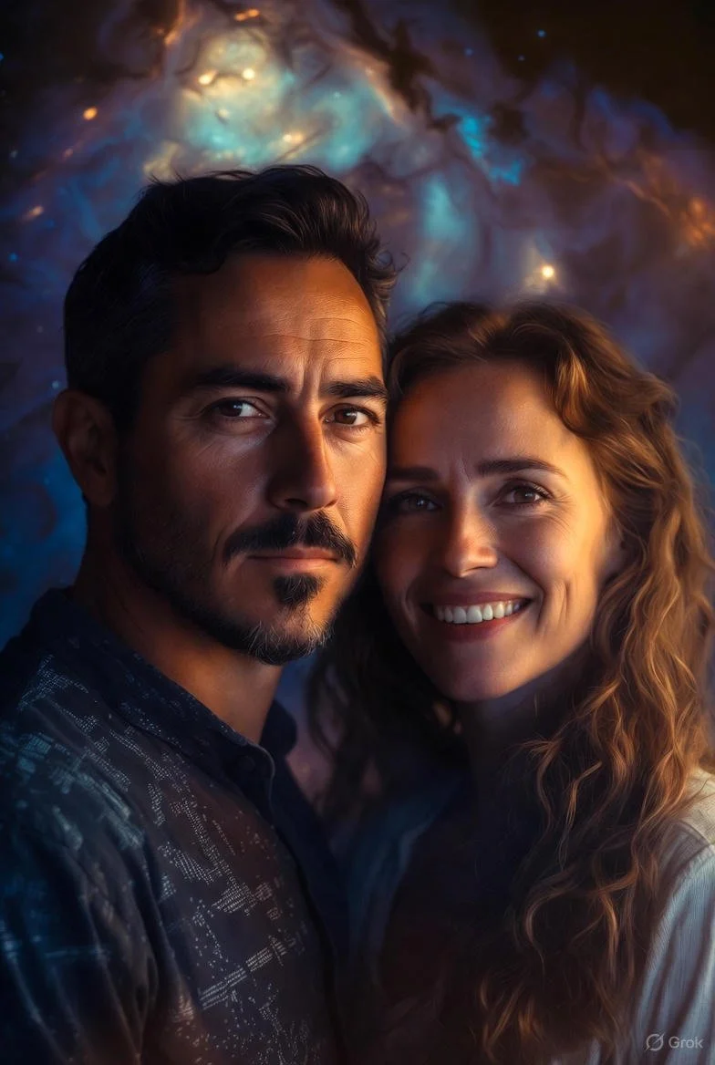 A man and woman taking a close-up selfie against a galaxy backdrop, both smiling and looking at the camera.