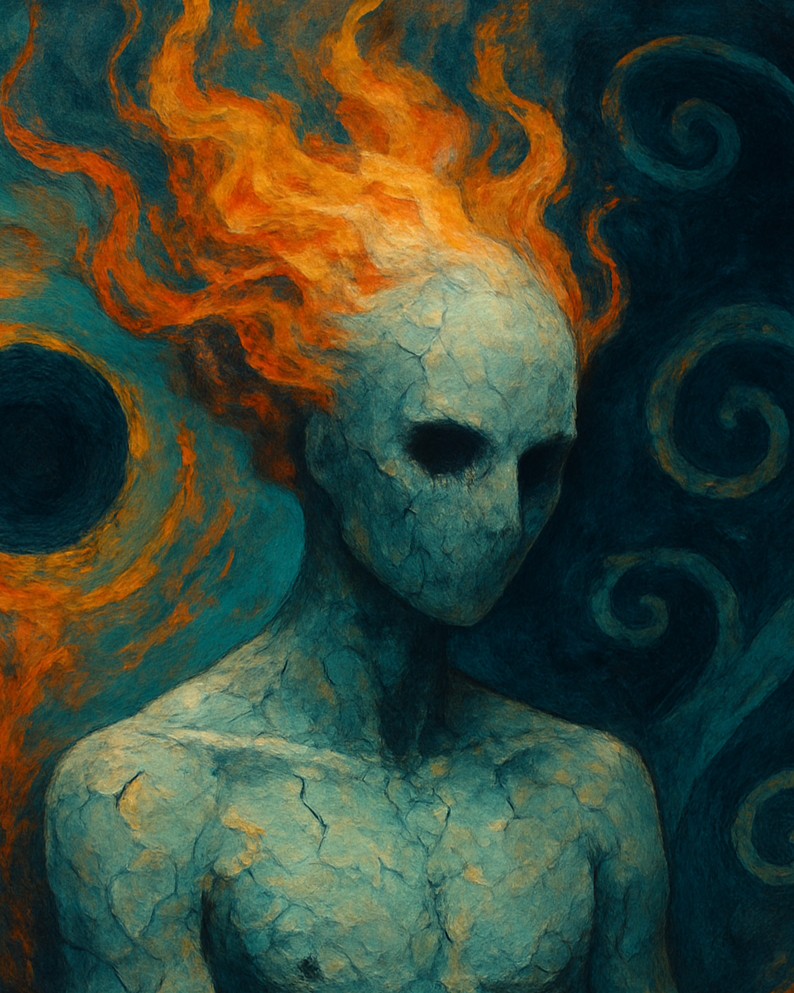 A surreal painting of a cracked, stone-like humanoid figure with a skull face, surrounded by swirling flames and dark spirals in a dark, abstract background.