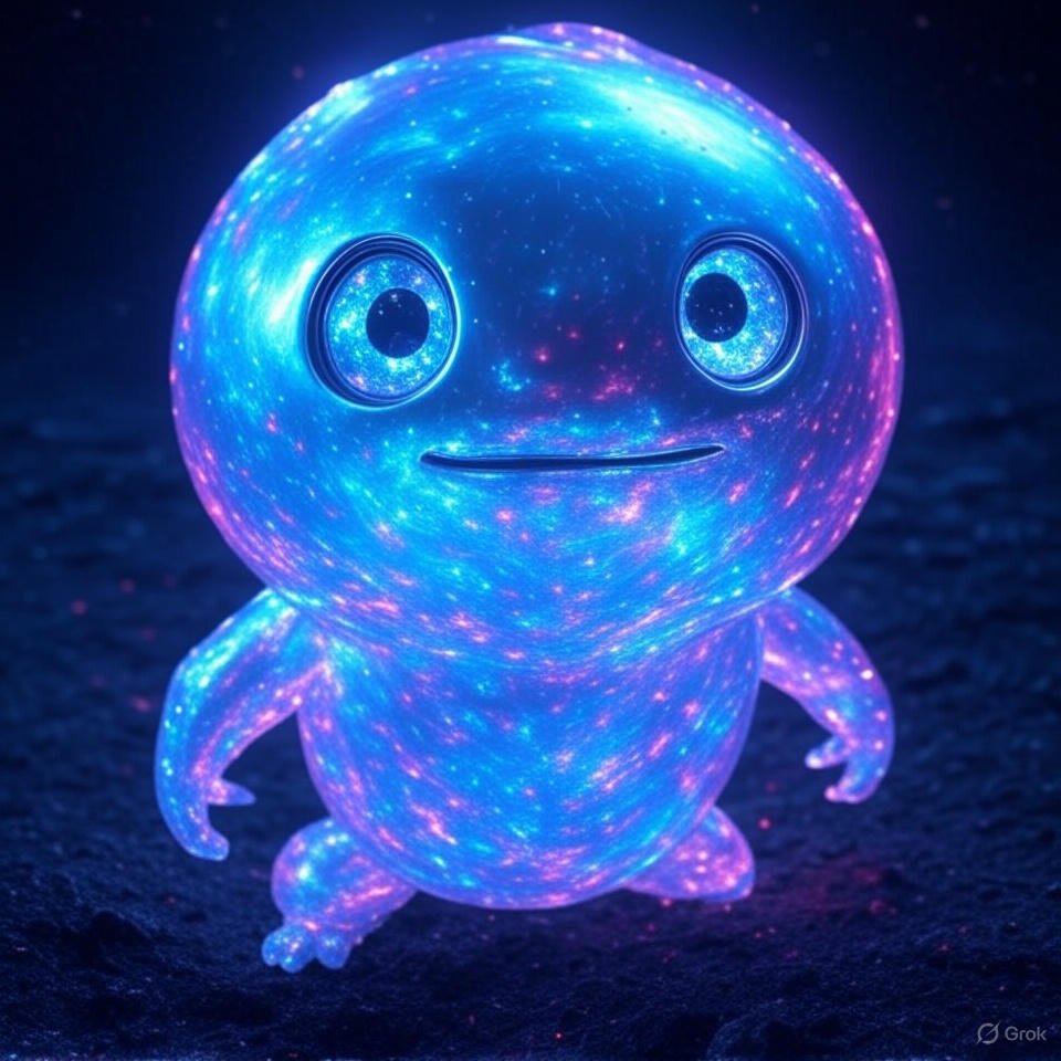 A glowing, cartoonish frog-shaped figure with a starry galaxy pattern on its body, sitting on a dark surface at night.
