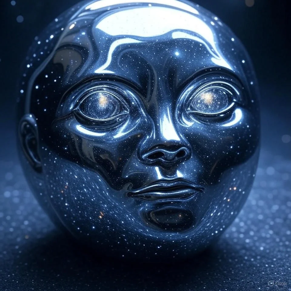 A glossy black sculpture of a human face with galaxy patterns and bright stars reflected on its surface.