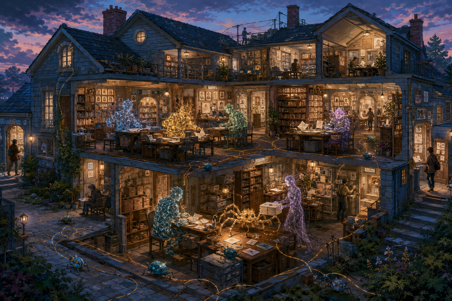 Cutaway view of a sprawling blue-gray research house at twilight, warmly lit within. Distinct glowing lattice figures work at separate desks among books, papers, cabinets, and gold thread-like pathways while human visitors enter through side doors.