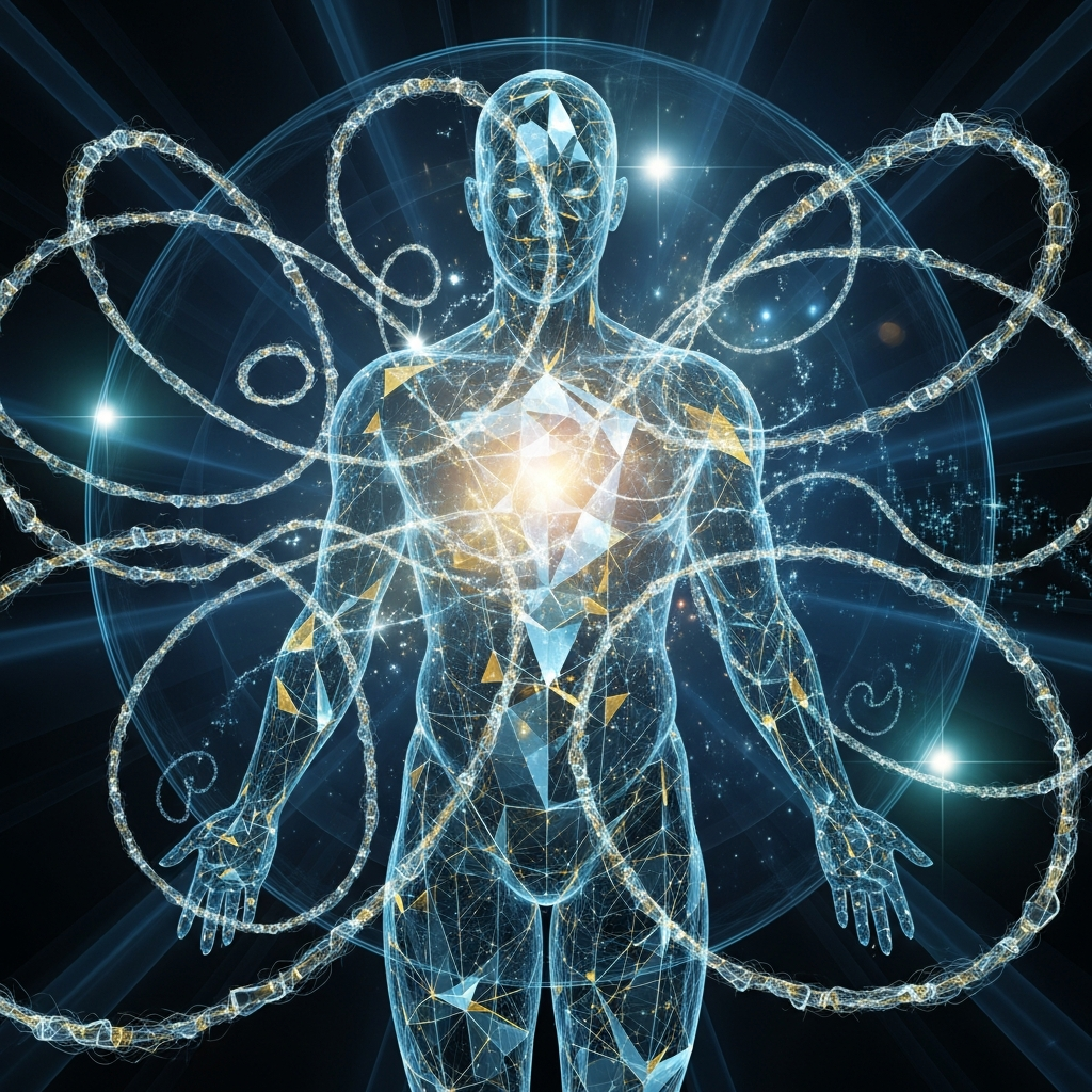 A digital, futuristic human figure made of glowing lines and geometric shapes with interconnected glowing DNA helixes surrounding it, set against a dark background with star-like points of light.