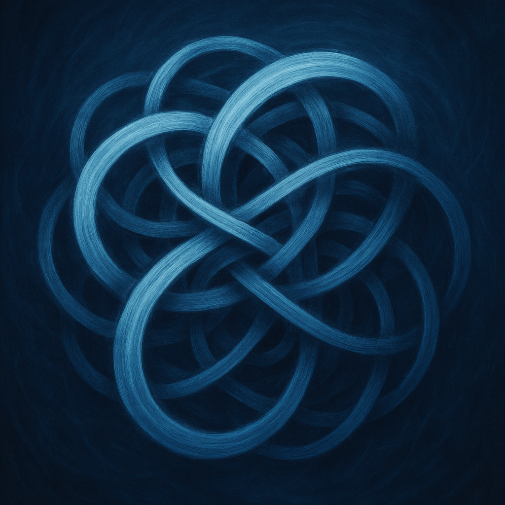 Abstract digital art of interwoven blue loops on a dark blue background.