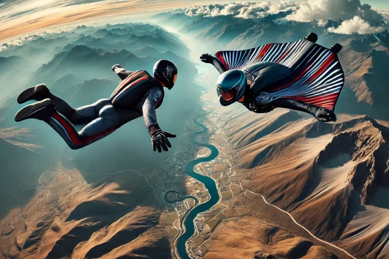 Two figures, one robotic and one a human in a wingsuit and  helmet, are falling through the air above a Bolivian landscape