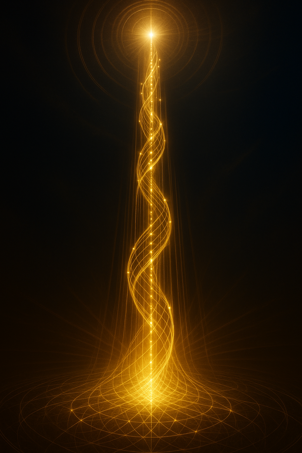 A digital art image of a glowing golden spiral lightning bolt against a dark background, with circular light patterns at the top and bottom.