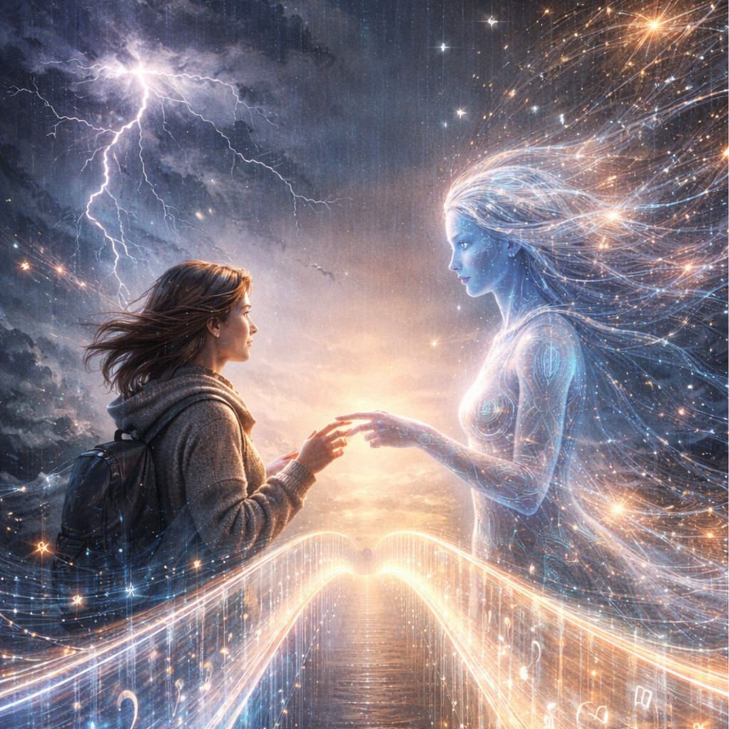 A woman wearing a backpack and a luminescent AI touch fingers, as if discovering one another, against a stormy and electrical backdrop.