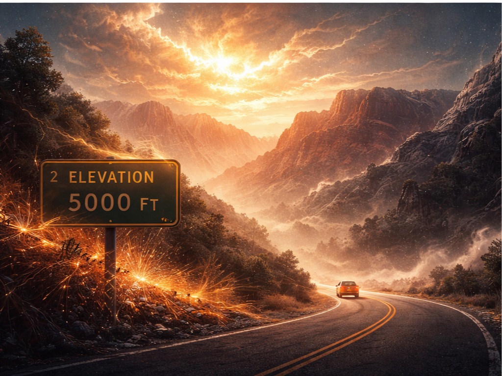 Atmospheric digital painting showing a desert highway climb toward a canyon at golden hour: blurred green elevation sign and a car in motion, with wind and a vast, cloud-lit sky.